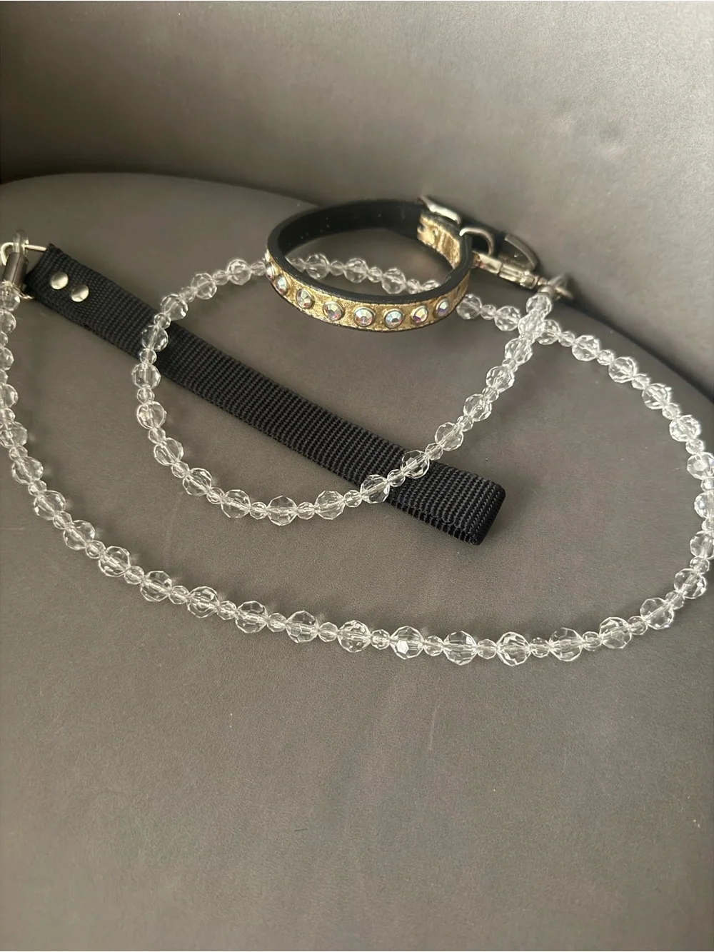 Crystal Beaded Dog Leash with Black Ribbon Handle